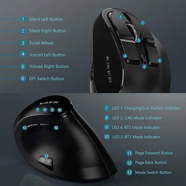 Alt view image 6 of 7 - 2.4G Rechargeable Ergonomic Vertical Wireless Mouse for Laptop / Desktop / Office - black