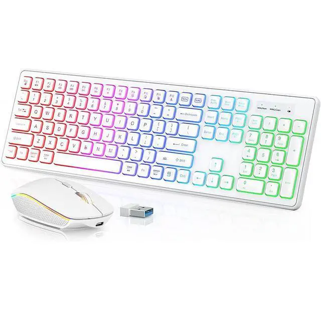 Main image of Wireless RGB Gaming Keyboard & Mouse Set Rechargeable, Ergonomic Tilt Design, 2.4G Quiet Combo for Home/Office - white