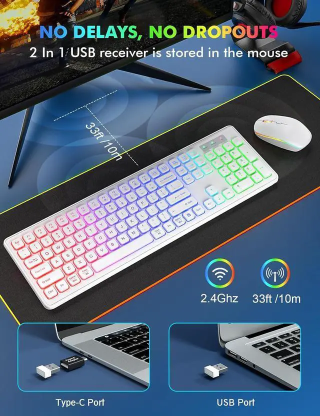 Alt view image 7 of 7 - Wireless RGB Gaming Keyboard & Mouse Set Rechargeable, Ergonomic Tilt Design, 2.4G Quiet Combo for Home/Office - white
