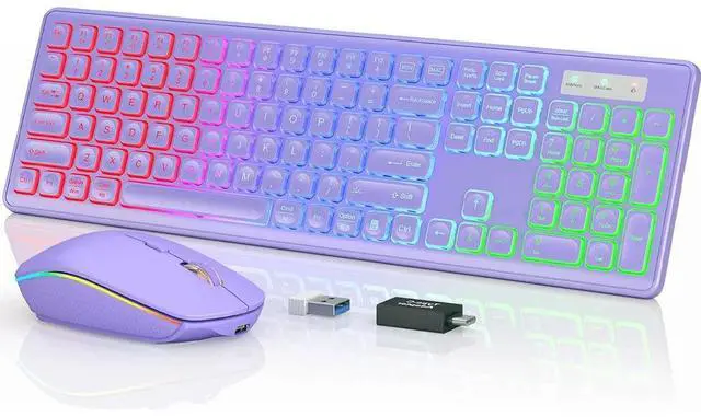 Main image of Wireless RGB Gaming Keyboard & Mouse Set Rechargeable, Ergonomic Tilt Design, 2.4G Quiet Combo for Home/Office - purple