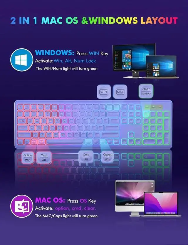 Alt view image 6 of 7 - Wireless RGB Gaming Keyboard & Mouse Set Rechargeable, Ergonomic Tilt Design, 2.4G Quiet Combo for Home/Office - purple