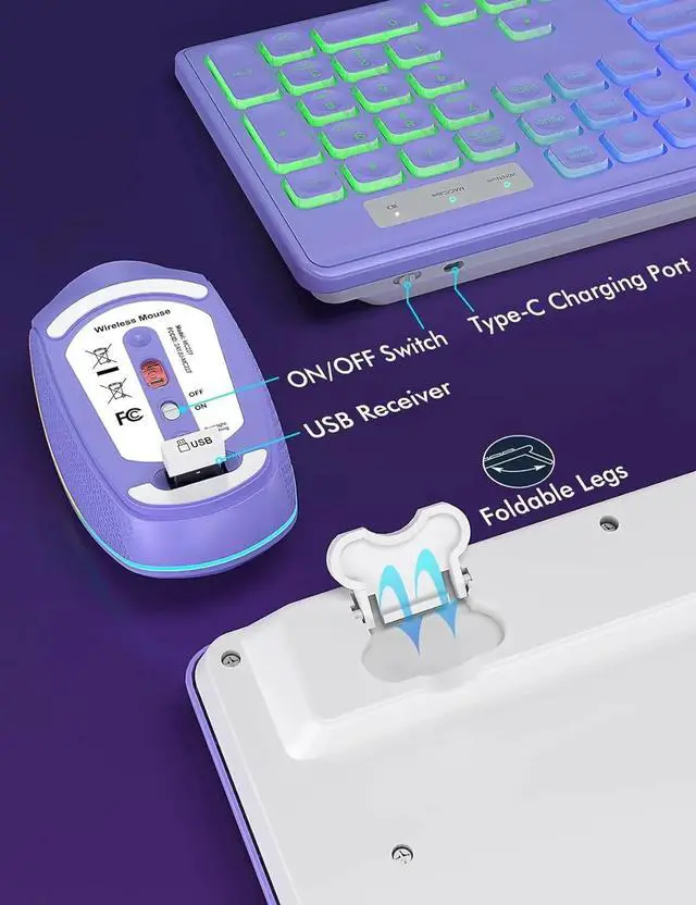 Alt view image 7 of 7 - Wireless RGB Gaming Keyboard & Mouse Set Rechargeable, Ergonomic Tilt Design, 2.4G Quiet Combo for Home/Office - purple