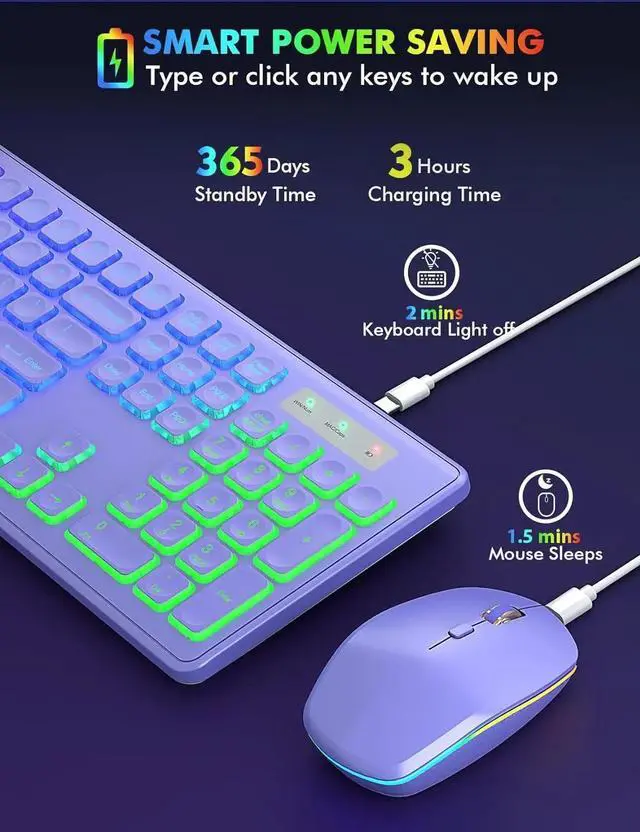 Alt view image 4 of 7 - Wireless RGB Gaming Keyboard & Mouse Set Rechargeable, Ergonomic Tilt Design, 2.4G Quiet Combo for Home/Office - purple