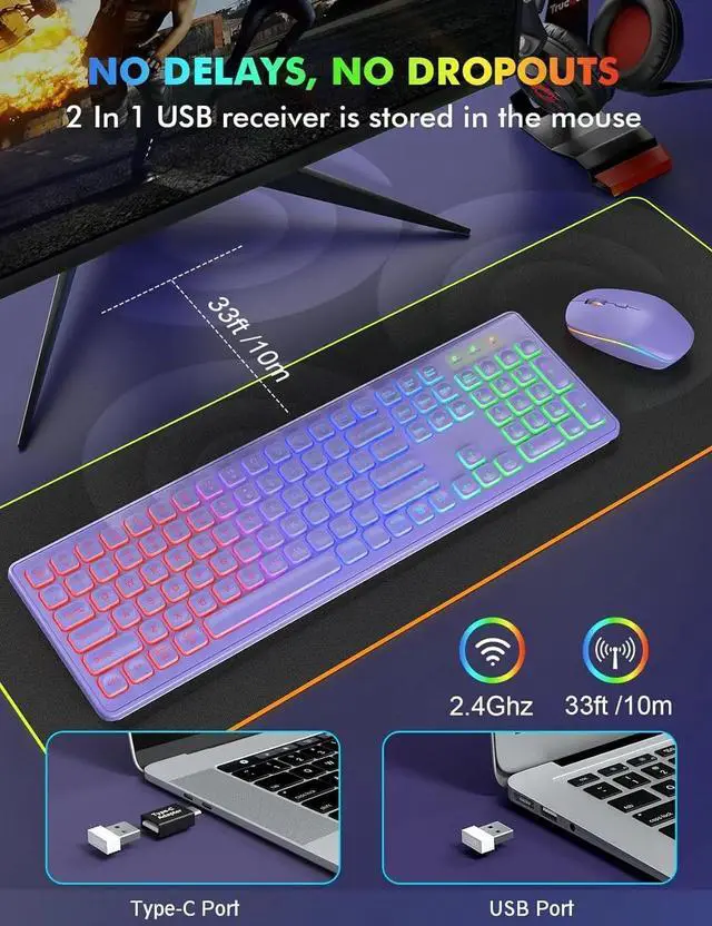 Alt view image 2 of 7 - Wireless RGB Gaming Keyboard & Mouse Set Rechargeable, Ergonomic Tilt Design, 2.4G Quiet Combo for Home/Office - purple