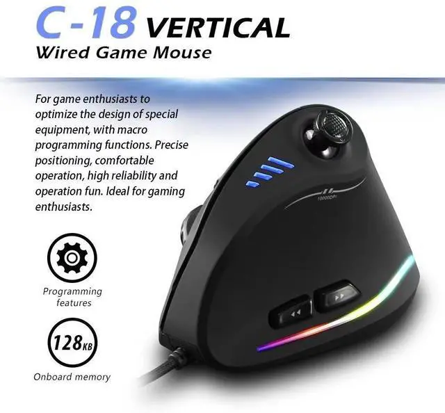 Main image of C-18 Ergonomic Wired Gaming Mouse with Joystick 5 Adjustable DPI Levels, RGB Lighting, Customizable Macro Buttons, for PC/Laptop - black