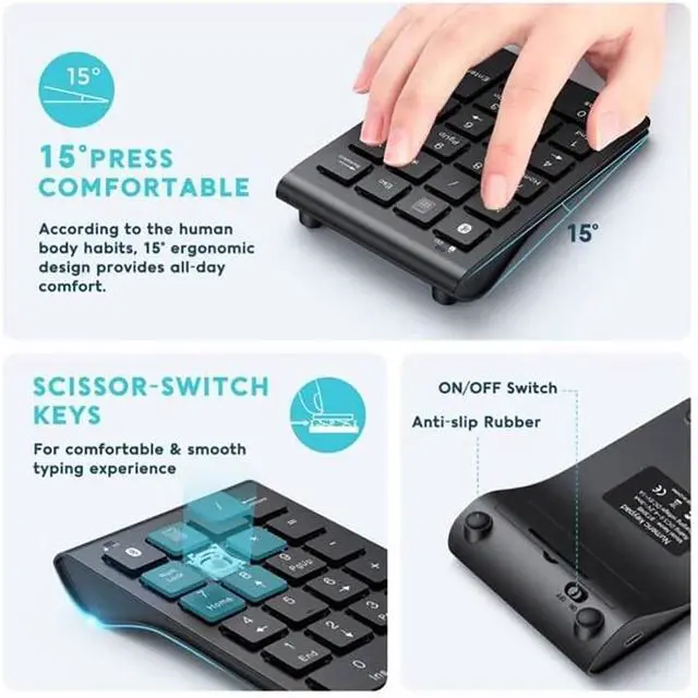Alt view image 4 of 7 - Quiet Wireless Numeric Keypad Compact Bluetooth Number Pad for Accountants, Data Entry & Office Use - black