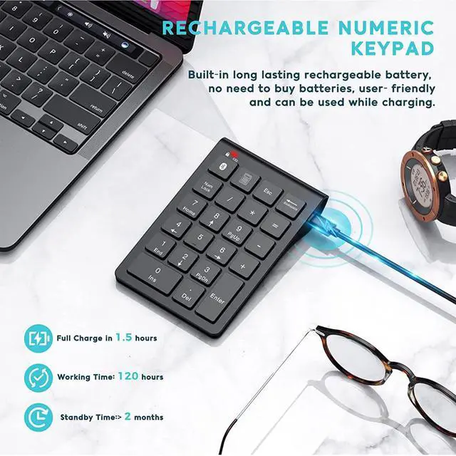 Alt view image 3 of 7 - Quiet Wireless Numeric Keypad Compact Bluetooth Number Pad for Accountants, Data Entry & Office Use - black