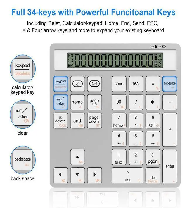 Alt view image 3 of 7 - 2-in-1 Wireless Bluetooth Numeric Keypad with Calculator Dual-Mode Number Pad for Laptop/PC/Mac/Tablet, Portable Numpad for Office/Accounting