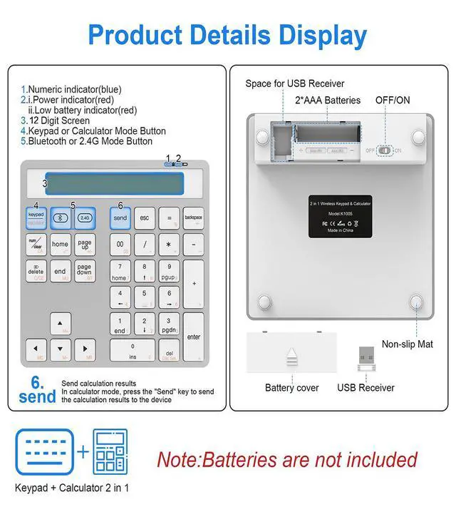 Alt view image 4 of 7 - 2-in-1 Wireless Bluetooth Numeric Keypad with Calculator Dual-Mode Number Pad for Laptop/PC/Mac/Tablet, Portable Numpad for Office/Accounting