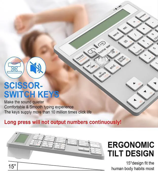 Alt view image 5 of 7 - 2-in-1 Wireless Bluetooth Numeric Keypad with Calculator Dual-Mode Number Pad for Laptop/PC/Mac/Tablet, Portable Numpad for Office/Accounting