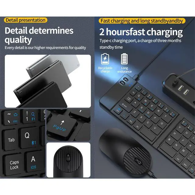 Alt view image 3 of 7 - 2.4G + Bluetooth Foldable Keyboard and Mouse Set Ultra-Portable Rechargeable Combo for Multi-Device Office/Travel - black