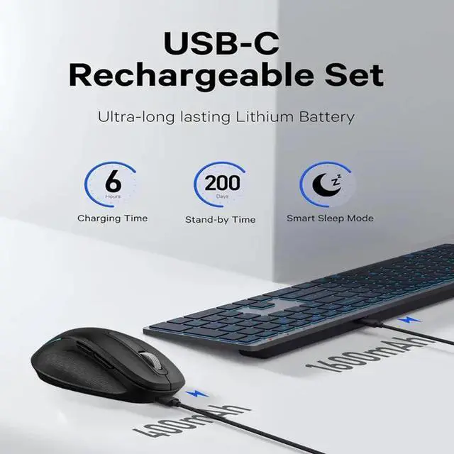 Alt view image 4 of 7 - 2.4G + Bluetooth Dual Mode Rechargeable Keyboard & Mouse Combo Low-Latency Response, RGB Backlit, Silent Ergonomic Design for Office/Gaming