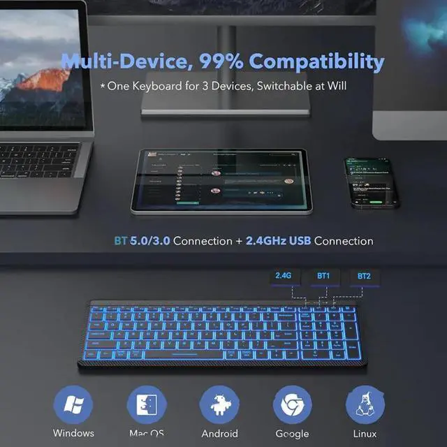 Alt view image 2 of 7 - 2.4G + Bluetooth Dual Mode Rechargeable Keyboard & Mouse Combo Low-Latency Response, RGB Backlit, Silent Ergonomic Design for Office/Gaming