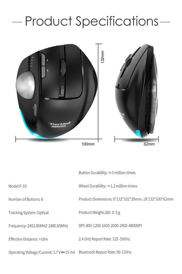 Alt view image 5 of 7 - Wireless Bluetooth Trackball Mouse 2.4G + Bluetooth Dual Mode, Rechargeable, RGB Lighting, 3 Devices Connection, Ergonomic Rollerball Mouse - black