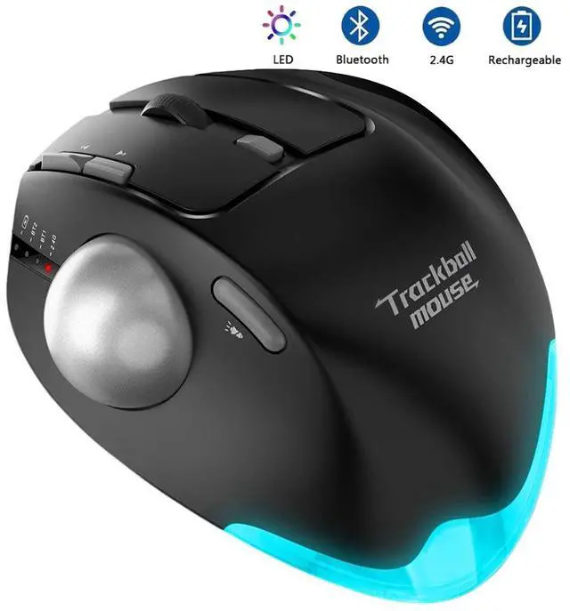Main image of Wireless Bluetooth Trackball Mouse 2.4G + Bluetooth Dual Mode, Rechargeable, RGB Lighting, 3 Devices Connection, Ergonomic Rollerball Mouse - black