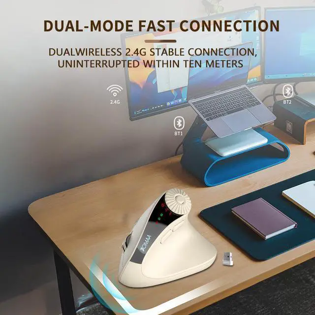 Alt view image 6 of 7 - Ergonomic Vertical Mouse, 2.4G + Bluetooth Dual-Mode Wireless, Rechargeable, 4-Level DPI, Silent Clicks for Office/Business - beige