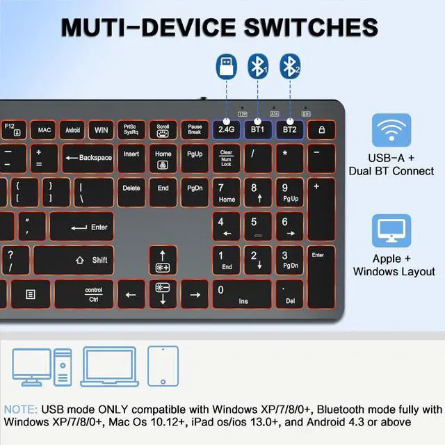 Alt view image 7 of 7 - Multi-Device Wireless Bluetooth Keyboard for Laptop RGB Backlit & Silent Keys for Office, Business & Home Use
