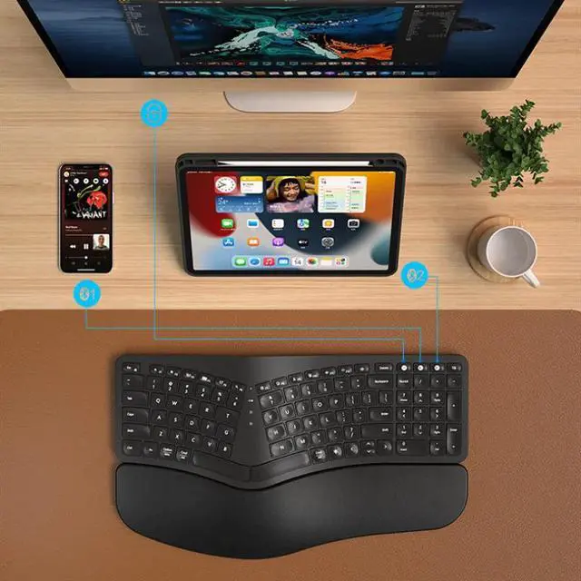 Alt view image 2 of 6 - B.O.W HD315B Ergonomic Wireless Keyboard Bluetooth + 2.4G Dual Mode, Rechargeable, Integrated Wrist Rest, Multi-Device Compatibility (Black)