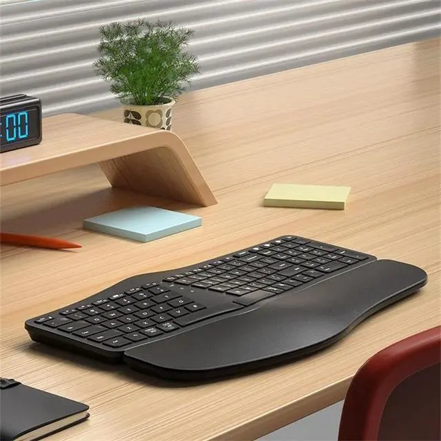 Alt view image 3 of 6 - B.O.W HD315B Ergonomic Wireless Keyboard Bluetooth + 2.4G Dual Mode, Rechargeable, Integrated Wrist Rest, Multi-Device Compatibility (Black)