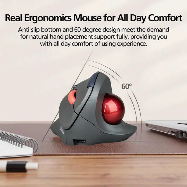 Alt view image 3 of 7 - Wireless Vertical Trackball Mouse Dual Mode BT + 2.4G Connectivity, 650mAh Rechargeable Battery, Ergonomic Thumb-Operated Rollerball