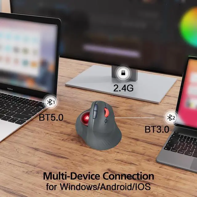 Alt view image 2 of 7 - Wireless Vertical Trackball Mouse Dual Mode BT + 2.4G Connectivity, 650mAh Rechargeable Battery, Ergonomic Thumb-Operated Rollerball