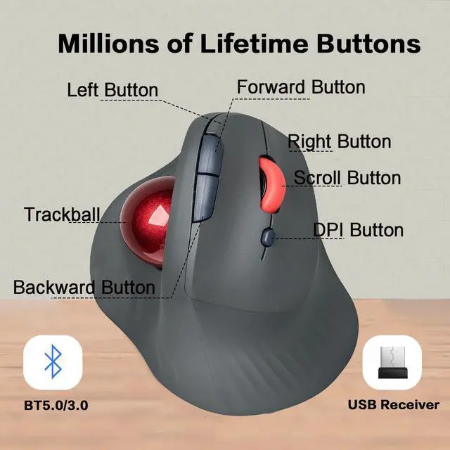 Alt view image 5 of 7 - Wireless Vertical Trackball Mouse Dual Mode BT + 2.4G Connectivity, 650mAh Rechargeable Battery, Ergonomic Thumb-Operated Rollerball