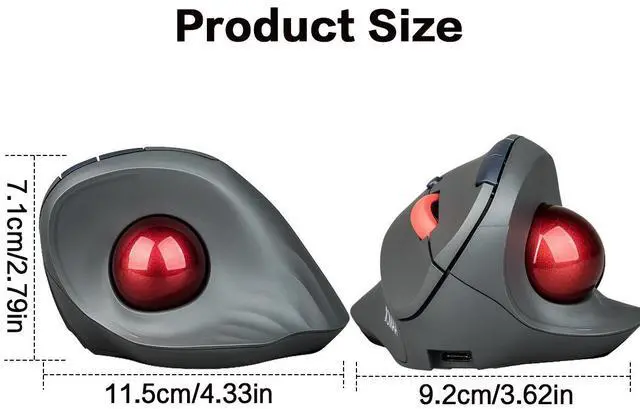 Alt view image 7 of 7 - Wireless Vertical Trackball Mouse Dual Mode BT + 2.4G Connectivity, 650mAh Rechargeable Battery, Ergonomic Thumb-Operated Rollerball