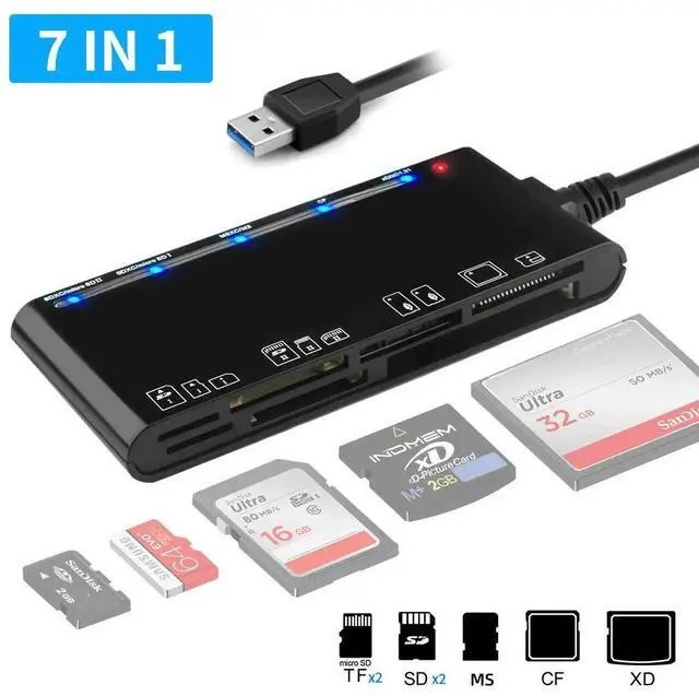 Main image of USB 3.0 7-in-1 Card Reader Supports CF / XD / MS / SD / TF / M2 Memory Cards, 5Gbps High-Speed Data Transfer, Plug-and-Play for PC/Laptop