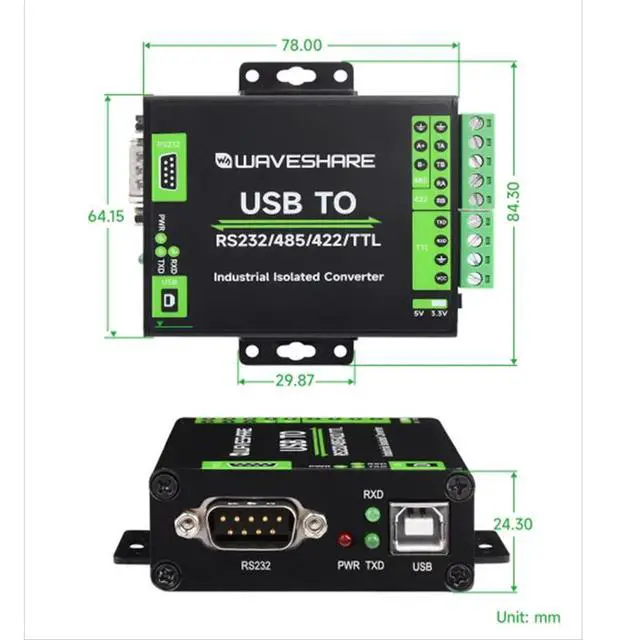 Alt view image 6 of 7 - Industrial-Grade Isolated USB to RS232/485/422/TTL Converter USB-B Interface, FT232RNL Chip, Power & Signal Isolation, TVS Protection