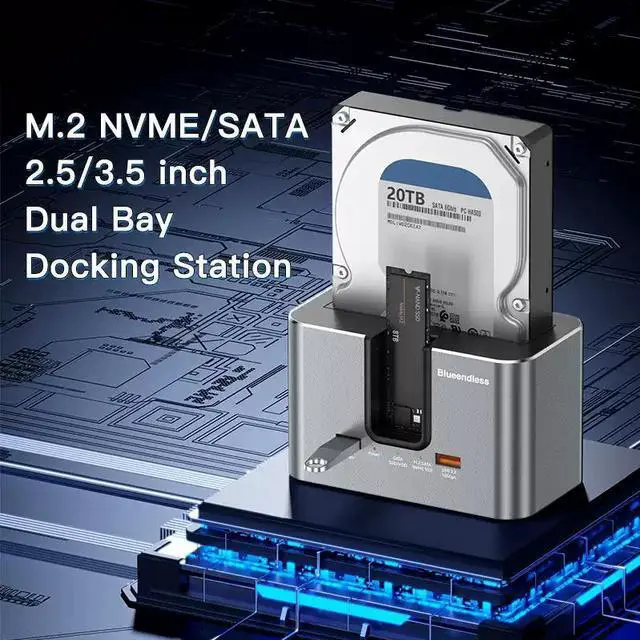 Alt view image 3 of 5 - Multi-Protocol Dual-Bay Hard Drive Docking Station Supports M.2 NVMe/SATA & 2.5/3.5 SATA Drives, USB 3.2 10Gbps, Standalone Offline Clone Function