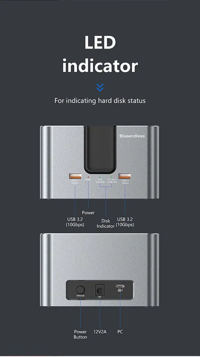 Alt view image 4 of 5 - Multi-Protocol Dual-Bay Hard Drive Docking Station Supports M.2 NVMe/SATA & 2.5/3.5 SATA Drives, USB 3.2 10Gbps, Standalone Offline Clone Function
