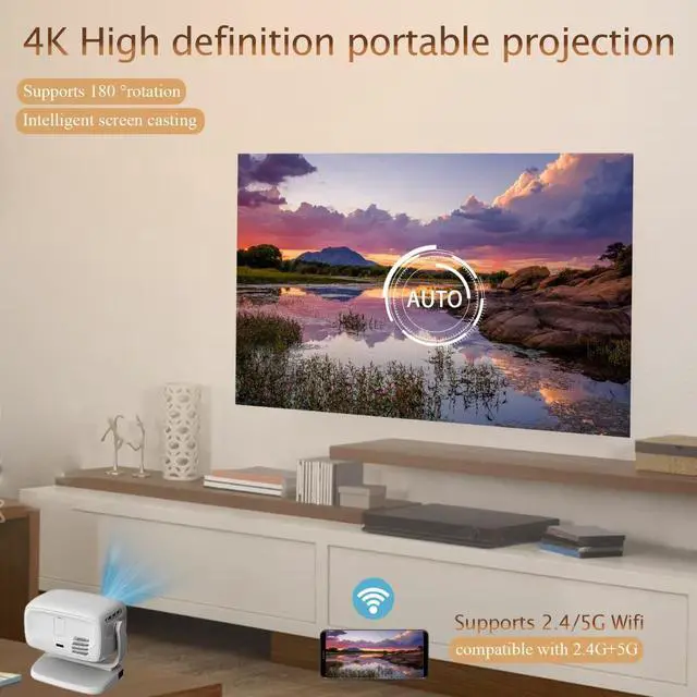 Alt view image 3 of 7 - Portable 4K Ultra HD Smart Projector with Motorized Focus Built-in Gimbal, Wireless Screen Mirroring, 1080p Native, Auto Keystone Correction, Home Theater/Outdoor Use