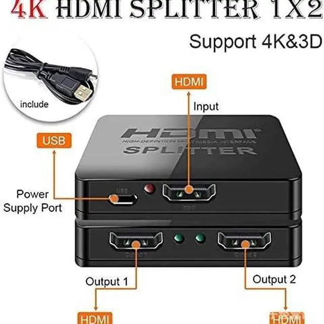 Alt view image 3 of 6 - HDMI Splitter 1 in 2 Out 4K 2K UHD Video Distributor, One Input to Dual Outputs, Supports 3D, for HDTV / Monitor / Projector