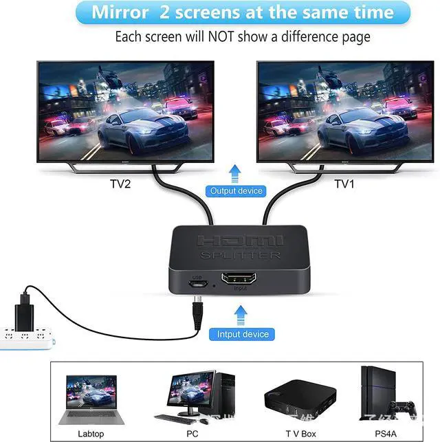 Alt view image 2 of 6 - HDMI Splitter 1 in 2 Out 4K 2K UHD Video Distributor, One Input to Dual Outputs, Supports 3D, for HDTV / Monitor / Projector