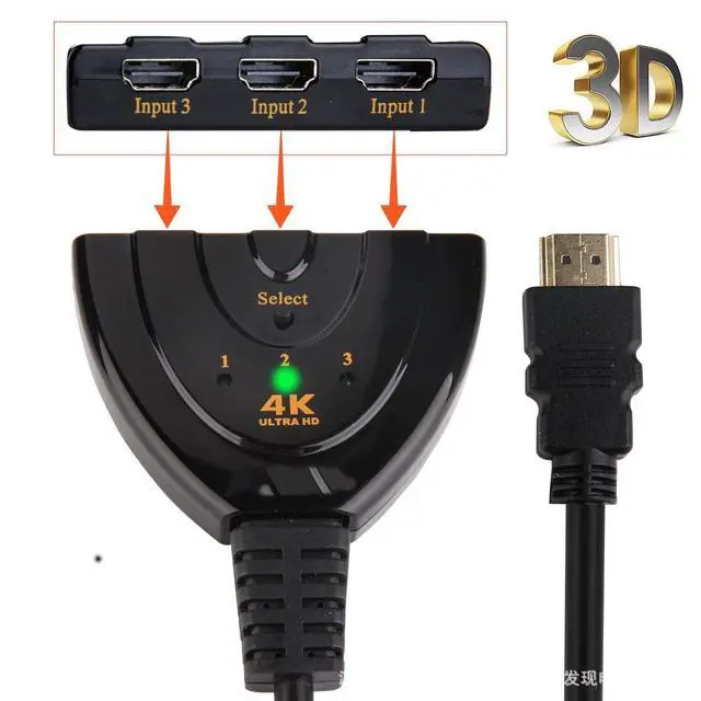 Alt view image 4 of 6 - HDMI Switch 4K, 3 Port HDMI Switcher Hub Splitter Support 4K 1080P 3D for PC Laptop, Xbox 360/One, PS4/PS3, Nintendo Switch, Blu-ray Player, Roku/Fire Stick - black