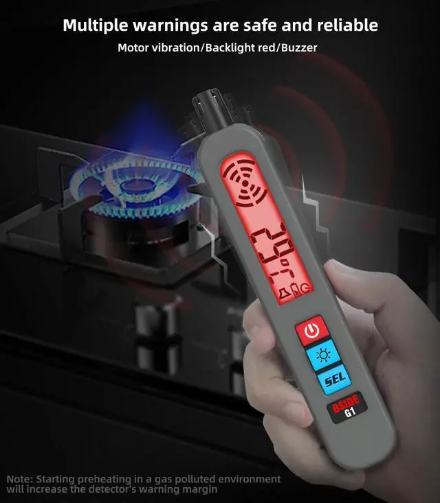 Alt view image 2 of 7 - Portable Rechargeable Combustible Gas Leak Detector Natural Gas / Methane / Propane / LPG Sniffer with Ambient Temperature Display, Audible/Visual/Vibration Alarms, USB Charging - G1