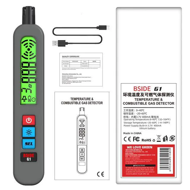Alt view image 7 of 7 - Portable Rechargeable Combustible Gas Leak Detector Natural Gas / Methane / Propane / LPG Sniffer with Ambient Temperature Display, Audible/Visual/Vibration Alarms, USB Charging - G1