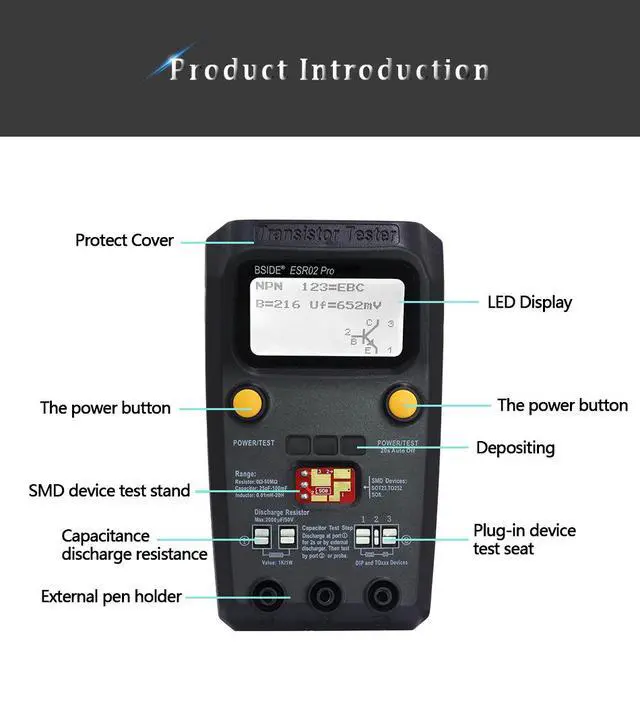 Alt view image 5 of 7 - ESR02 Pro Multifunctional Transistor Tester, M328 Smart Component Tester for Resistance, Capacitance, Inductance, ESR, MOSFET, and Diode Detection - black