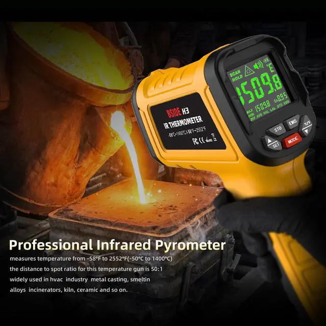 Alt view image 3 of 7 - H3 High-Temperature Infrared Thermometer -50°C to 1400°C, 50:1 Distance-to-Spot Ratio, Non-Contact Temperature Gun with Adjustable Emissivity