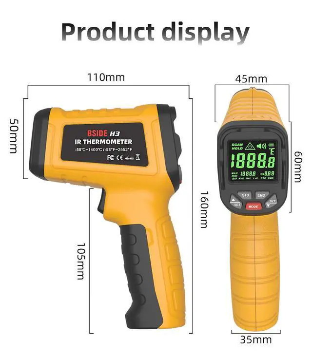 Alt view image 7 of 7 - H3 High-Temperature Infrared Thermometer -50°C to 1400°C, 50:1 Distance-to-Spot Ratio, Non-Contact Temperature Gun with Adjustable Emissivity