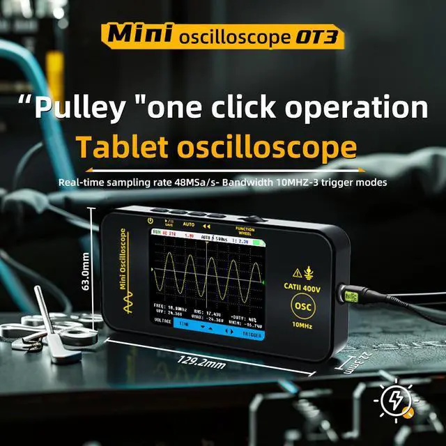 Alt view image 2 of 7 - OT3 10MHz Portable Digital Oscilloscope Single-Channel Mini Tablet Scope, 48MSa/s Real-Time Sampling, 3.2" TFT Screen, USB-C Rechargeable, for Automotive/Field/DIY Repair