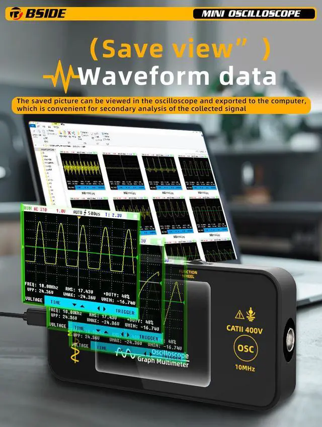 Alt view image 7 of 7 - OT3 10MHz Portable Digital Oscilloscope Single-Channel Mini Tablet Scope, 48MSa/s Real-Time Sampling, 3.2" TFT Screen, USB-C Rechargeable, for Automotive/Field/DIY Repair