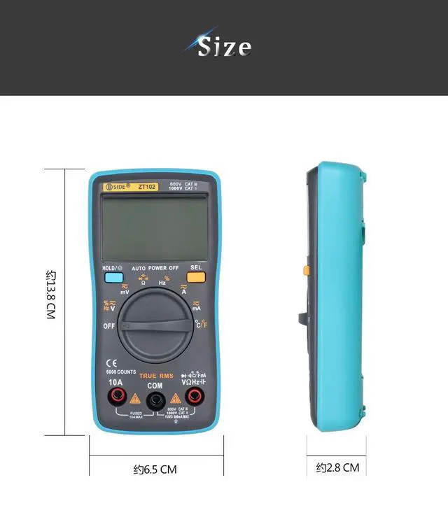 Alt view image 2 of 7 - High-Accuracy ZT102 Digital Multimeter Auto-Ranging, True RMS, 6000 Counts, AC/DC Voltage Current Resistance Capacitance Frequency Temperature Tester