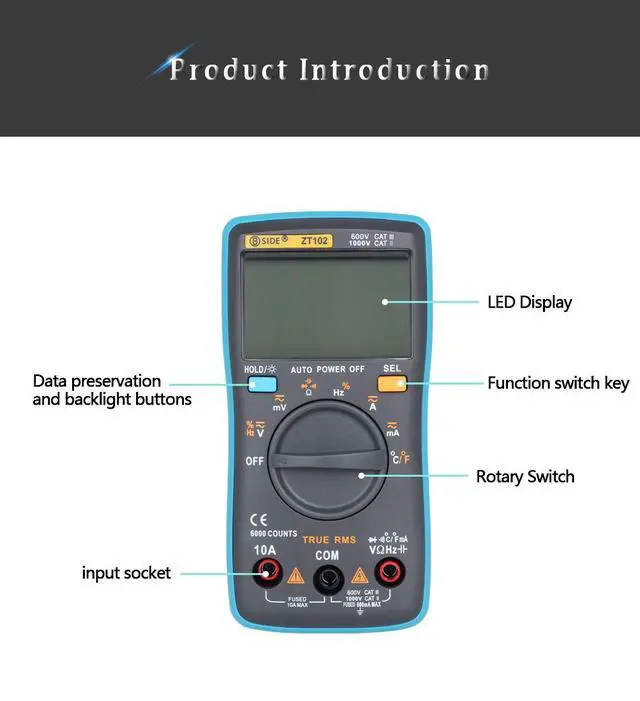 Alt view image 4 of 7 - High-Accuracy ZT102 Digital Multimeter Auto-Ranging, True RMS, 6000 Counts, AC/DC Voltage Current Resistance Capacitance Frequency Temperature Tester