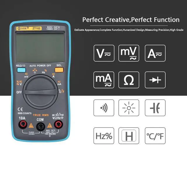 Alt view image 3 of 7 - High-Accuracy ZT102 Digital Multimeter Auto-Ranging, True RMS, 6000 Counts, AC/DC Voltage Current Resistance Capacitance Frequency Temperature Tester