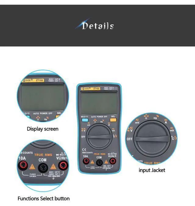 Alt view image 5 of 7 - High-Accuracy ZT102 Digital Multimeter Auto-Ranging, True RMS, 6000 Counts, AC/DC Voltage Current Resistance Capacitance Frequency Temperature Tester
