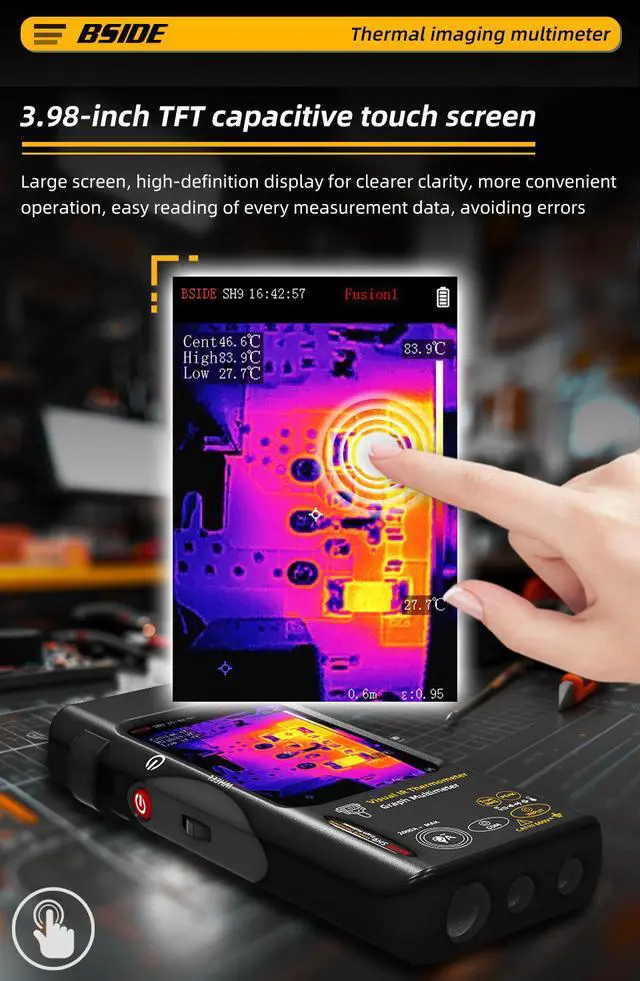 Alt view image 6 of 7 - SH9A Thermal Imaging Multimeter 320×428 IR Resolution, 3.98" Touchscreen, 20000 Counts True RMS, AC/DC 10A, for Electrical / Floor Heating / HVAC / PCB Repair