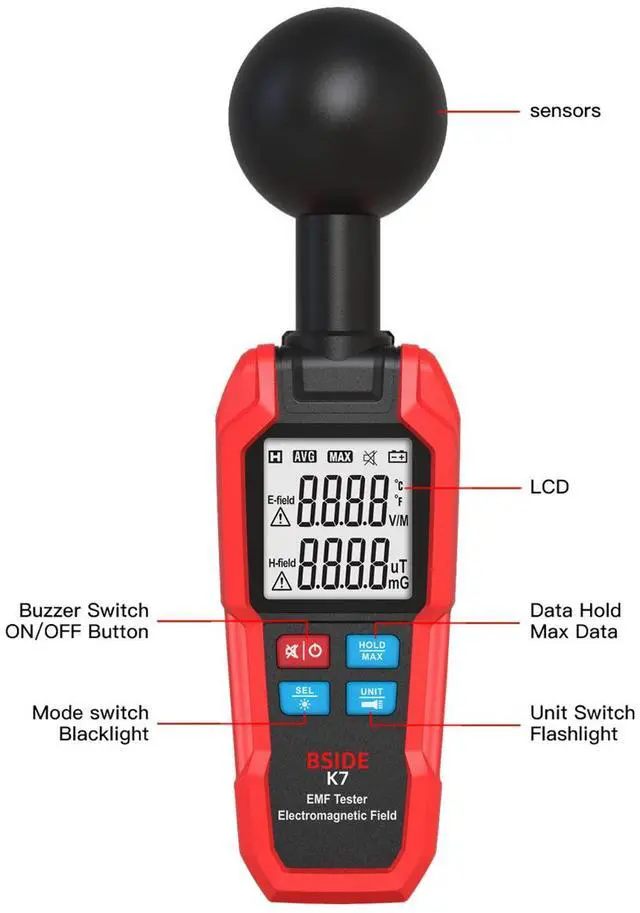 Main image of K7 Handheld Electromagnetic Radiation Detector EMF Meter for Home/Office, Dual Mode (Electric Field & Magnetic Field), Audible Alarm, Data Hold, Backlit LCD