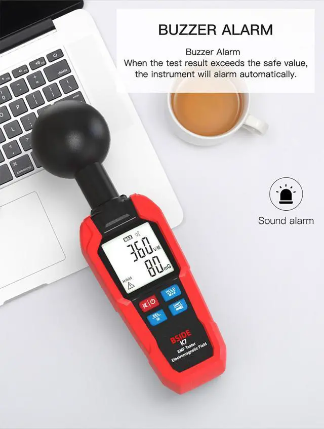 Alt view image 4 of 6 - K7 Handheld Electromagnetic Radiation Detector EMF Meter for Home/Office, Dual Mode (Electric Field & Magnetic Field), Audible Alarm, Data Hold, Backlit LCD