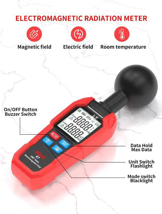 Alt view image 2 of 6 - K7 Handheld Electromagnetic Radiation Detector EMF Meter for Home/Office, Dual Mode (Electric Field & Magnetic Field), Audible Alarm, Data Hold, Backlit LCD